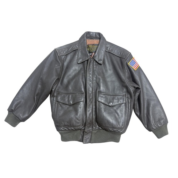 US Wings Jacket Boys Medium Brown Leather A-2 Flight Bomber Made USA‎ Flag Patch